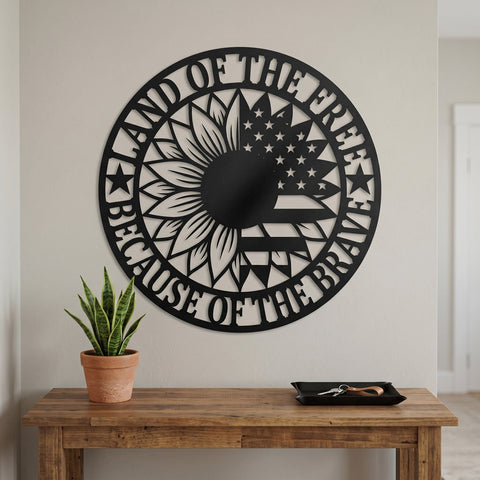 Land of the Free Because of the Brave Laser SVG, Patriotic Sunflower Metal Wall Art, American Flag Sign Cut File, CNC Plasma Laser Cut DXF SVG HappyDesignStudio 