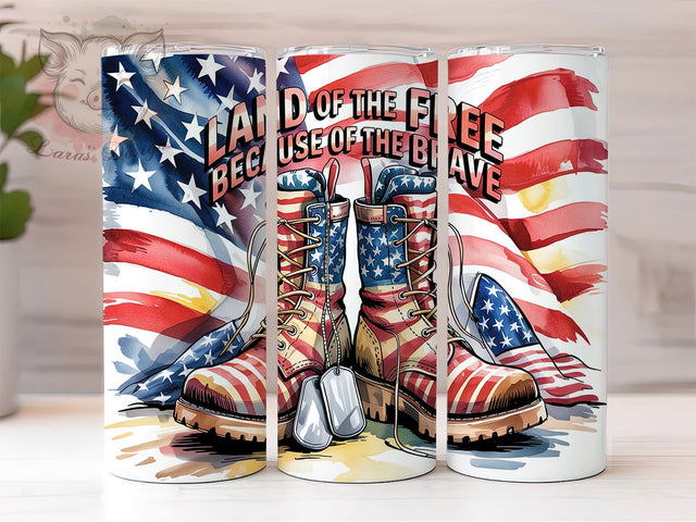 Land of the Free Patriotic Flag Tumbler, Brave American Tumbler, USA Flag Wrap, Patriotic Sublimation Tumbler, 4th Of July Tumbler, Military Tumbler Design, 20oz Skinny Tumbler Sublimation Lara' s Designs 