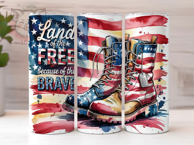 Land of the Free Patriotic Flag Tumbler, Brave American Tumbler, USA Flag Wrap, Patriotic Sublimation Tumbler, 4th Of July Tumbler, Military Tumbler Design, 20oz Skinny Tumbler Sublimation Lara' s Designs 