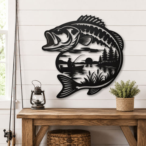 Largemouth Bass Fishing Scene Laser SVG | Fisherman Lake Metal Wall Art DXF | Bass Fish CNC Plasma Cut File | Wildlife Svg for Laser Cutting SVG HappyDesignStudio 