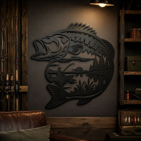 Largemouth Bass Fishing Scene Laser SVG | Fisherman Lake Metal Wall Art DXF | Bass Fish CNC Plasma Cut File | Wildlife Svg for Laser Cutting SVG HappyDesignStudio 