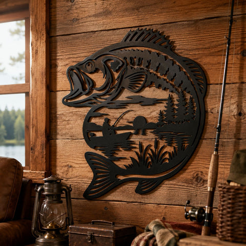 Largemouth Bass Fishing Scene Laser SVG | Fisherman Lake Metal Wall Art DXF | Bass Fish CNC Plasma Cut File | Wildlife Svg for Laser Cutting SVG HappyDesignStudio 