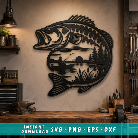 Largemouth Bass Fishing Scene Laser SVG | Fisherman Lake Metal Wall Art DXF | Bass Fish CNC Plasma Cut File | Wildlife Svg for Laser Cutting SVG HappyDesignStudio 