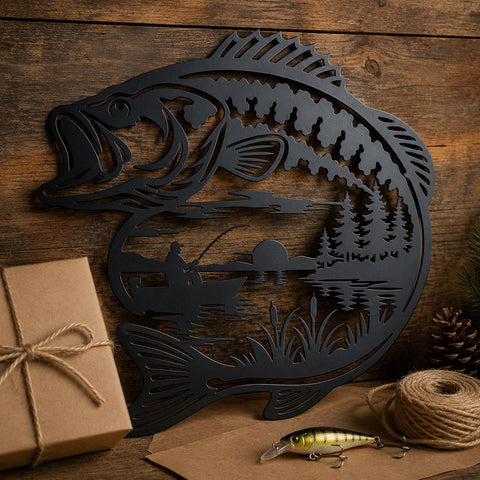 Largemouth Bass Fishing Scene Laser SVG | Fisherman Lake Metal Wall Art DXF | Bass Fish CNC Plasma Cut File | Wildlife Svg for Laser Cutting SVG HappyDesignStudio 