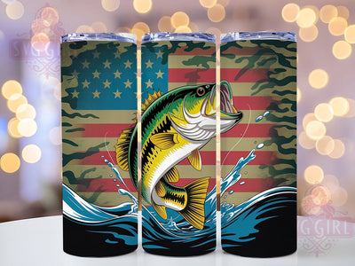 Largemouth Bass Fishing Tumbler, Largemouth Bass Wrap, Camo Flag Cup, 20oz Sublimation Wrap, Stylish Fishing Design Tumbler, Artistic Bass Flag Cup, Outdoor Angler Theme Wrap Sublimation SvggirlplusArt 
