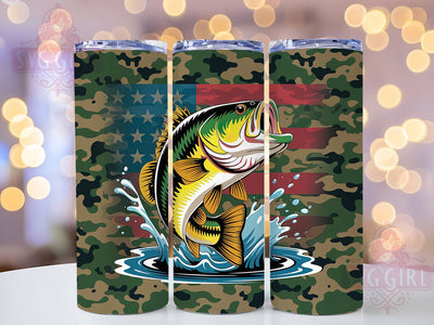 Largemouth Bass Fishing Tumbler, Largemouth Bass Wrap, Camo Flag Cup, 20oz Sublimation Wrap, Stylish Fishing Design Tumbler, Artistic Bass Flag Cup, Outdoor Angler Theme Wrap Sublimation SvggirlplusArt 