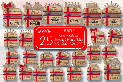 Laser cut Bundle Birthday gift card holder Laser Cut Card Holder SVG Personalized Happy Birthday Layered svg SVG Createya Design 