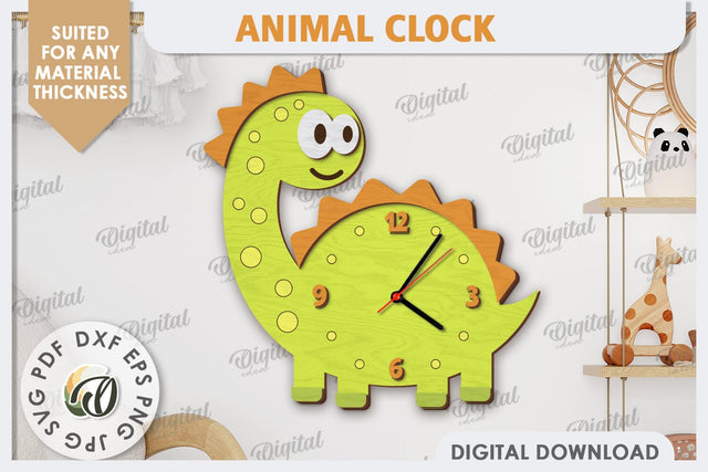 Laser Cut Dinosaur Wall Clock Design. Animal Wall Clock SVG SVG Evgenyia Guschina 