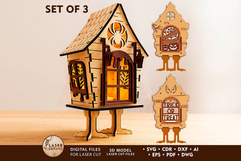Laser Cut Halloween Lantern Set (3 Designs) - Witch's Hut & Spooky Decor SVG LaserCutano 