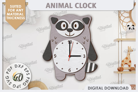 Laser Cut Raccoon Wall Clock Design. Animal Wall Clock SVG SVG Evgenyia Guschina 