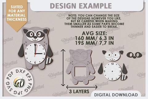 Laser Cut Raccoon Wall Clock Design. Animal Wall Clock SVG SVG Evgenyia Guschina 