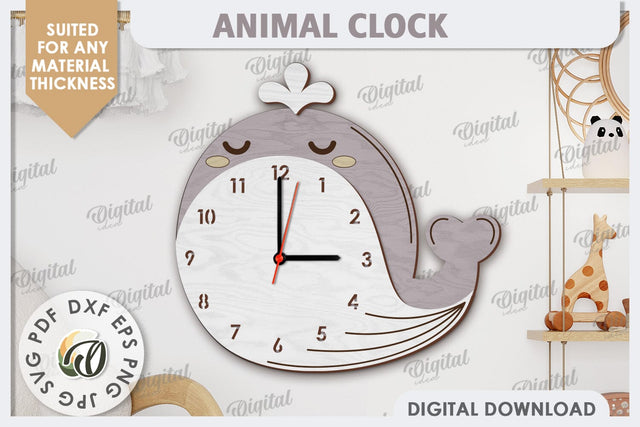 Laser Cut Whale Wall Clock Design. Animal Wall Clock SVG SVG Evgenyia Guschina 