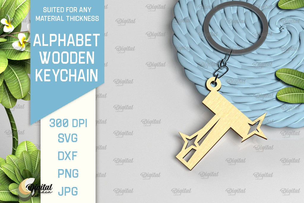 Lasercut Alphabet T Letter Keychain SVG. Wooden Keychain SVG - So Fontsy