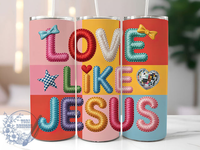 Latch Hook Yarn Jesus Tumbler, Vintage Faith Wrap, Faux Yarn Christian Cup, 20oz Sublimation Wrap, Stylish Religious Design Tumbler, Artistic Yarn Faith Cup, Whimsical Love Like Jesus Theme Wrap Sublimation ToriDesigns 