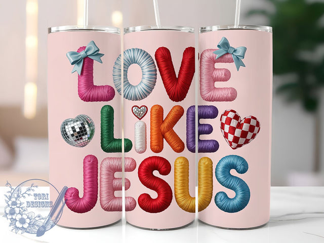 Latch Hook Yarn Jesus Tumbler, Vintage Faith Wrap, Faux Yarn Christian Cup, 20oz Sublimation Wrap, Stylish Religious Design Tumbler, Artistic Yarn Faith Cup, Whimsical Love Like Jesus Theme Wrap Sublimation ToriDesigns 