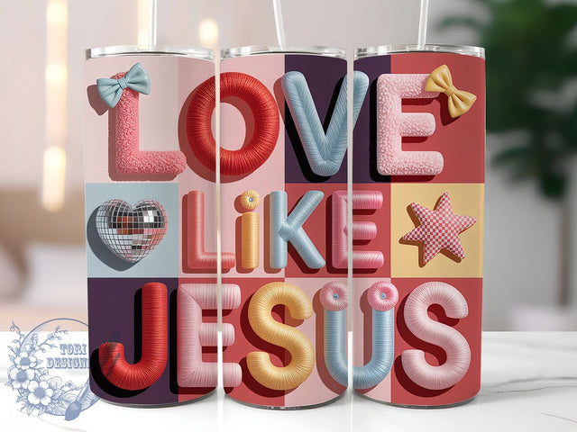Latch Hook Yarn Jesus Tumbler, Vintage Faith Wrap, Faux Yarn Christian Cup, 20oz Sublimation Wrap, Stylish Religious Design Tumbler, Artistic Yarn Faith Cup, Whimsical Love Like Jesus Theme Wrap Sublimation ToriDesigns 