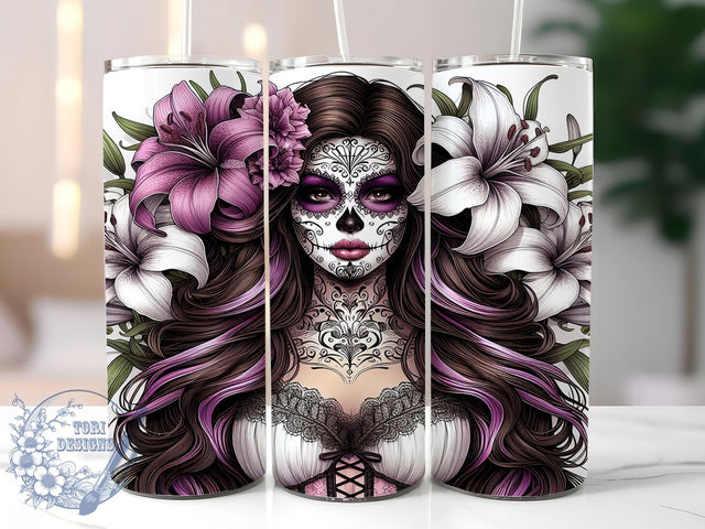 Latina Dia de los Muertos Tumbler Wrap, Day Of The Dead Wrap, 20oz Sublimation, Dia De Los Muertos Cup, Mexican Skull Mug, Floral Skull Tumbler, Hispanic Heritage Drinkware Sublimation ToriDesigns 