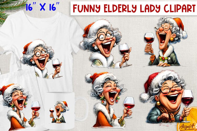 Laughing elderly old lady drinking red wine Christmas clipart Sublimation Angelina Semenova 