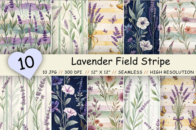 Lavender Field Stripe Digital Paper, Seamless Watercolor Floral Pattern Pack, Printable Scrapbook Paper, Purple Botanical Design Bundle Digital Pattern FloridPrintables 