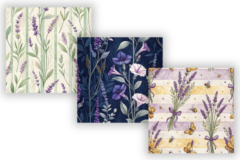 Lavender Field Stripe Digital Paper, Seamless Watercolor Floral Pattern Pack, Printable Scrapbook Paper, Purple Botanical Design Bundle Digital Pattern FloridPrintables 