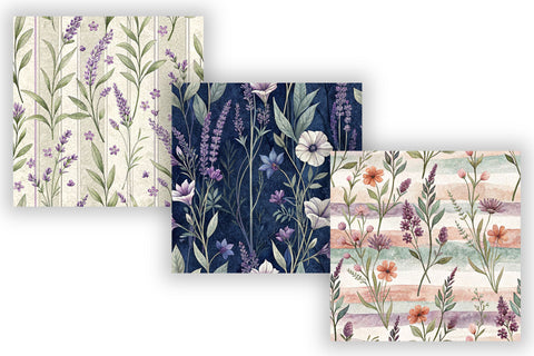 Lavender Field Stripe Digital Paper, Seamless Watercolor Floral Pattern Pack, Printable Scrapbook Paper, Purple Botanical Design Bundle Digital Pattern FloridPrintables 