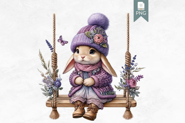 Lavender Floral Bunny on Swing Clipart, Cute Rabbit PNG Sublimation BijouBay 