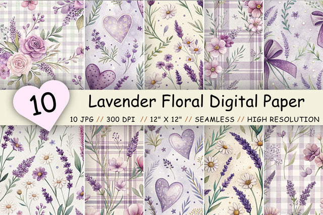 Lavender Floral Digital Paper Bundle, Seamless Watercolor Pattern Pack, Printable Scrapbook Paper, Purple Botanical Design Collection Digital Pattern FloridPrintables 