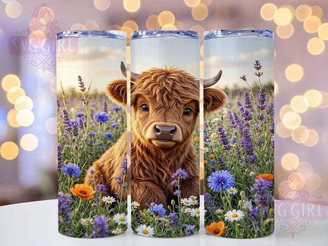 Lavender Highland Calf 20oz Tumbler Wrap, Highland Calf, Lavender Theme, Rustic Charm, Farmhouse Style, Whimsical Design, Skinny Tumbler, Sublimation PNG Sublimation SvggirlplusArt 