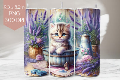 Lavender Kitten Tumbler PNG, Cute Cat in Bath Floral Wrap Sublimation BijouBay 