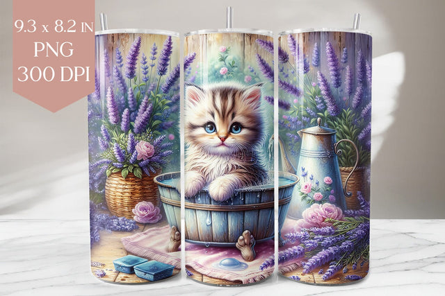 Lavender Kitten Tumbler PNG, Cute Cat in Bath Floral Wrap Sublimation BijouBay 