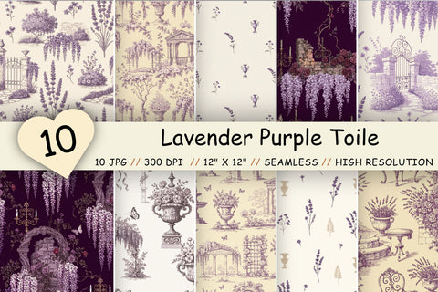 Lavender Purple Toile Digital Paper, Seamless Floral Pattern Bundle, Printable Scrapbook Paper, Wedding Spring Feminine Design Bundle Digital Pattern FloridPrintables 