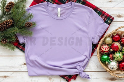 Lavender t-shirt mockup with holiday decorations Mock Up Photo Designangry 