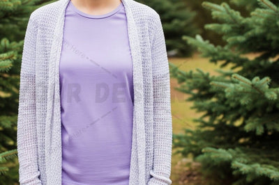 Lavender t-shirt with white cardigan outdoor design Mock Up Photo Designangry 