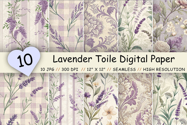 Lavender Toile Digital Paper Pack, Vintage Floral Toile, Gingham & Stripe Seamless Patterns, Wedding, Scrapbooking & Printable Crafts Digital Pattern FloridPrintables 