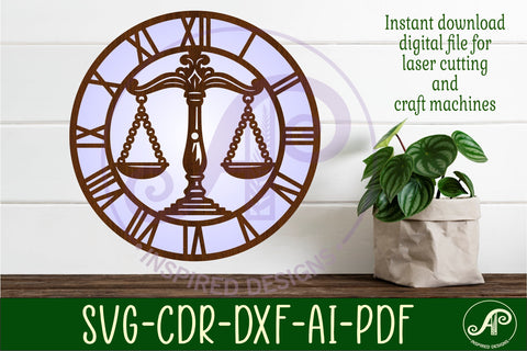 Lawyer Scales clock wall clock laser cut files SVG APInspireddesigns 