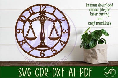 Lawyer Scales clock wall clock laser cut files SVG APInspireddesigns 