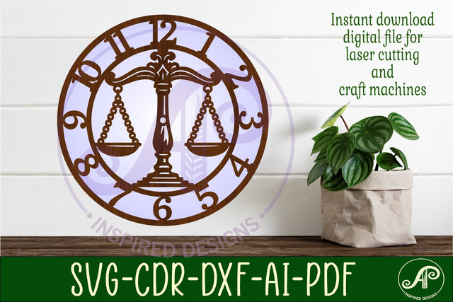 Lawyer Scales clock wall clock laser cut files SVG APInspireddesigns 