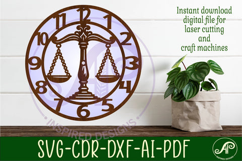 Lawyer Scales clock wall clock laser cut files SVG APInspireddesigns 