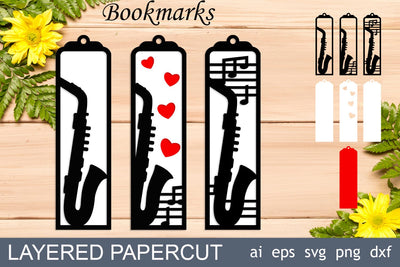 Layered bookmarks with saxophone, Music bookmark svg SVG AnastasiyaArtDesign 