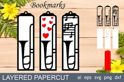 Layered bookmarks with trombone svg, Musical instrument papercut for cricut SVG AnastasiyaArtDesign 