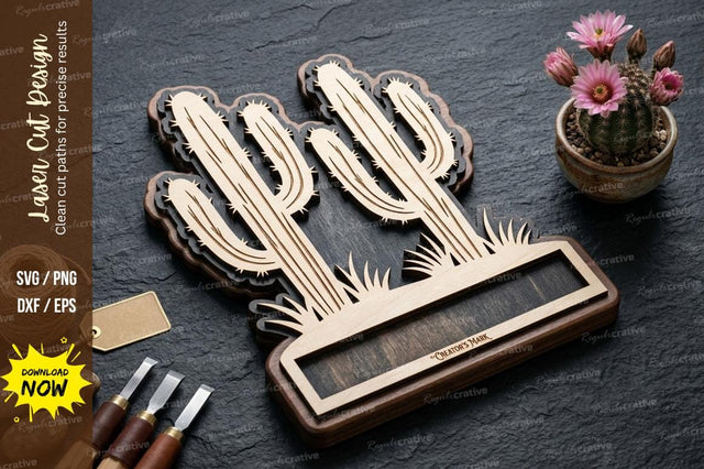 Layered Cactus Name Plate SVG Laser Cut Design | Desert Decorative Pattern SVG Regulrcrative 