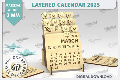 Layered Calendar 2025 With Bear Laser Cut. 3D Calendar SVG SVG Evgenyia Guschina 