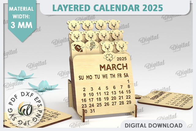 Layered Calendar 2025 With Bear Laser Cut. 3D Calendar SVG SVG Evgenyia Guschina 