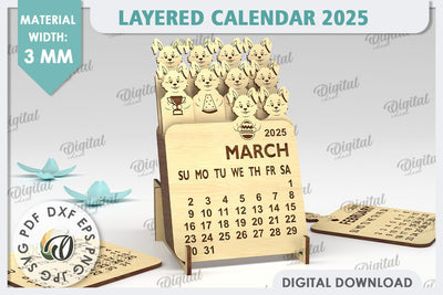 Layered Calendar 2025 With Bunny Laser Cut. 3D Calendar SVG SVG Evgenyia Guschina 