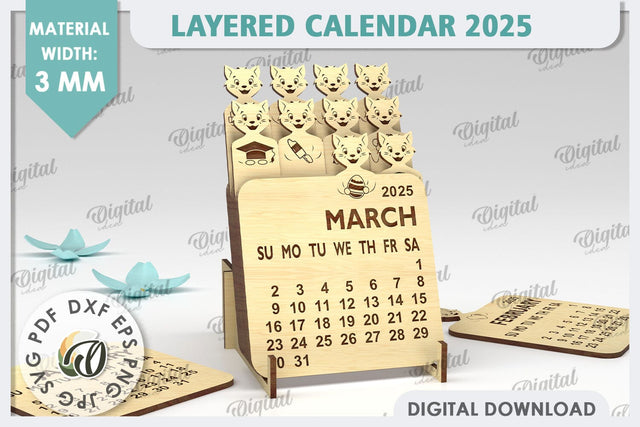 Layered Calendar 2025 With Cat Laser Cut. 3D Calendar SVG SVG Evgenyia Guschina 