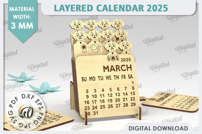 Layered Calendar 2025 With Dog Laser Cut. 3D Calendar SVG SVG Evgenyia Guschina 