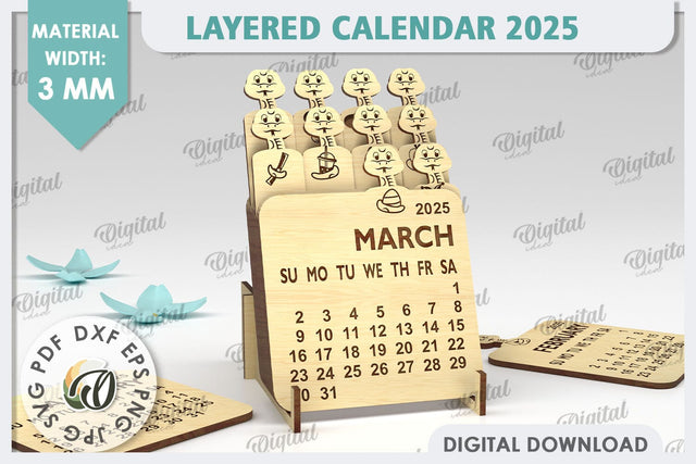 Layered Calendar 2025 With Snake Laser Cut. 3D Calendar SVG SVG Evgenyia Guschina 