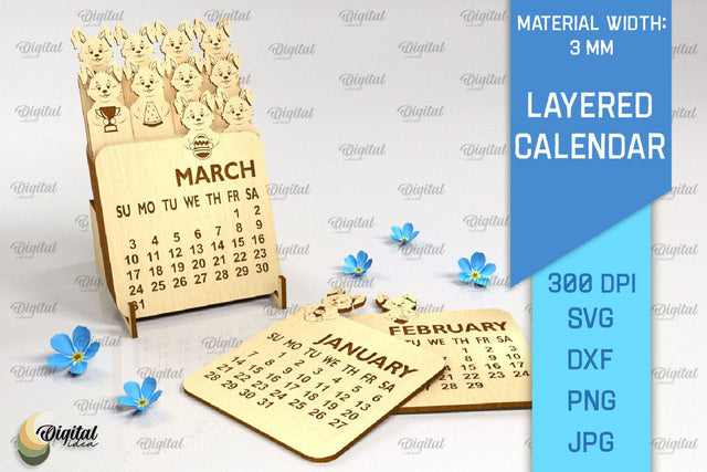 Layered Calendar SVG. 3D Calendar Laser Cut. Cute Bunny SVG SVG Evgenyia Guschina 
