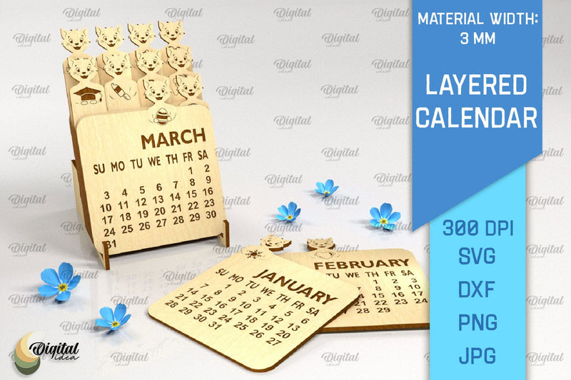 Layered Calendar SVG. 3D Calendar Laser Cut. Cute Cat SVG SVG Evgenyia Guschina 
