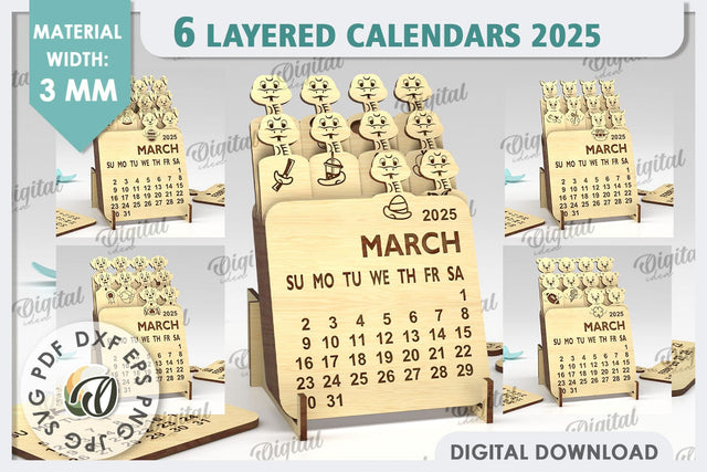 Layered Calendars 2025 Laser Cut Bundle. 3D Calendars SVG SVG Evgenyia Guschina 